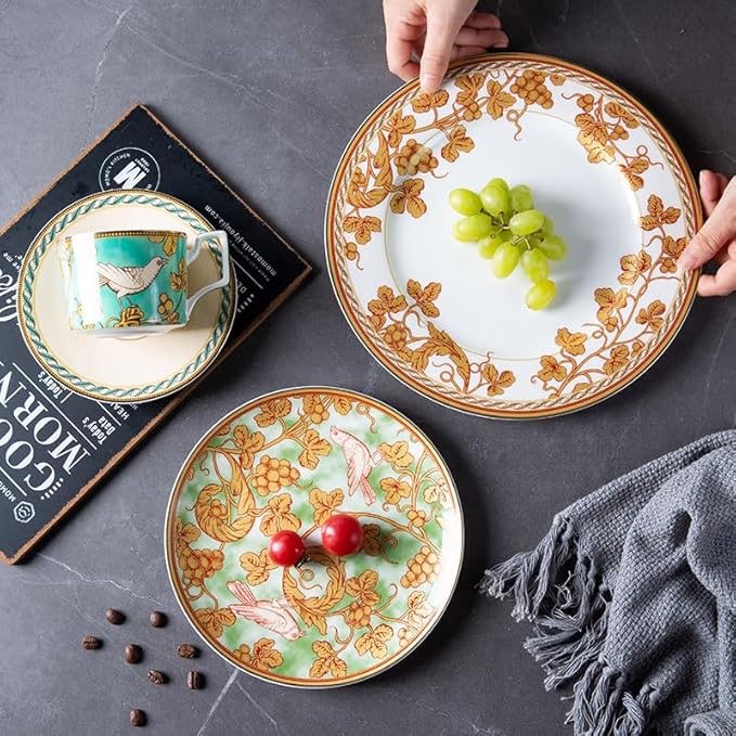 European style garden Dinnerware Set Service for 4Exquisite afternoon tea Bone China Dinnerware SetsSteak Dinner Plates Dish Set (16Pcs)Freezer Safe Elegant Dining Plates