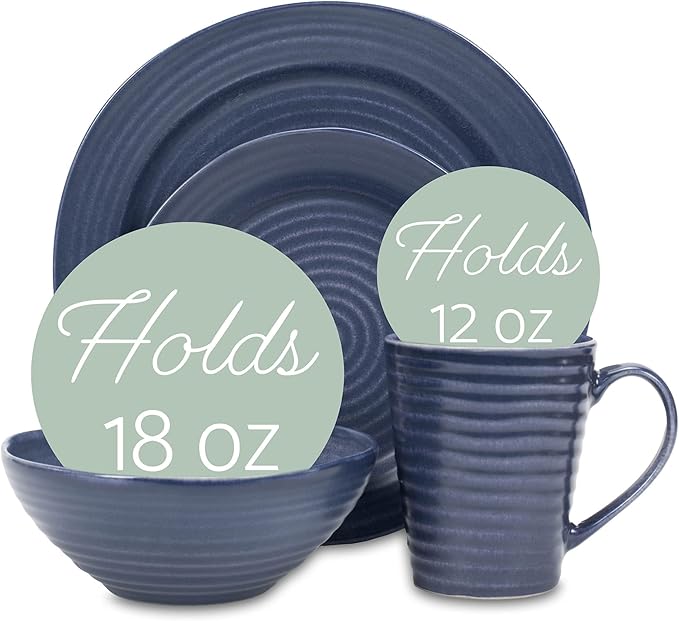 Elanze Designs Charming Chic Ribbed Modern Thrown Pottery Look Ceramic Stoneware Plate Platter Mug &amp Bowl Kitchen Dish Dinnerware 16 Piece Set - Service for 4 Navy Royal Blue