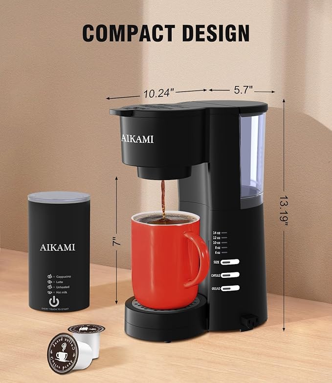 Single Serve Coffee Maker for K Cup &amp Ground Coffee with Milk Frother 6 to 14 Oz Brew Sizes Auto-Off Coffee Machine with Water Reservoir