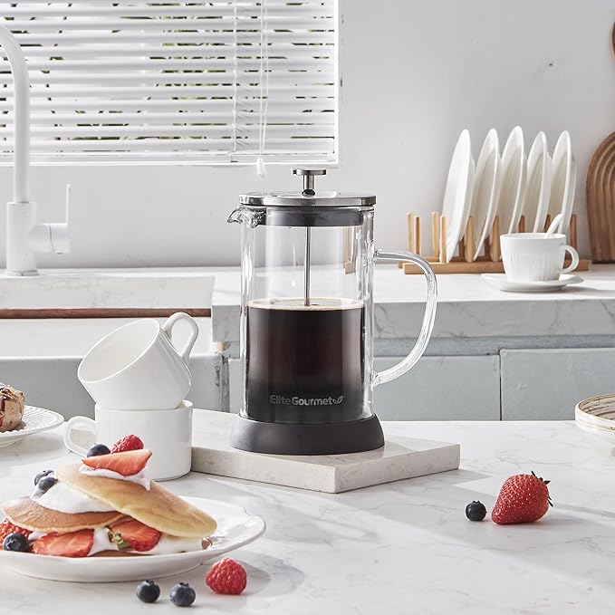 Elite Gourmet FP1223X French Press 34-Ounce Double Wall Insulated Heavy Duty Thick High-Heat Borosilicate Glass BPA-Free Cold Brew Coffee Maker 1-Liter