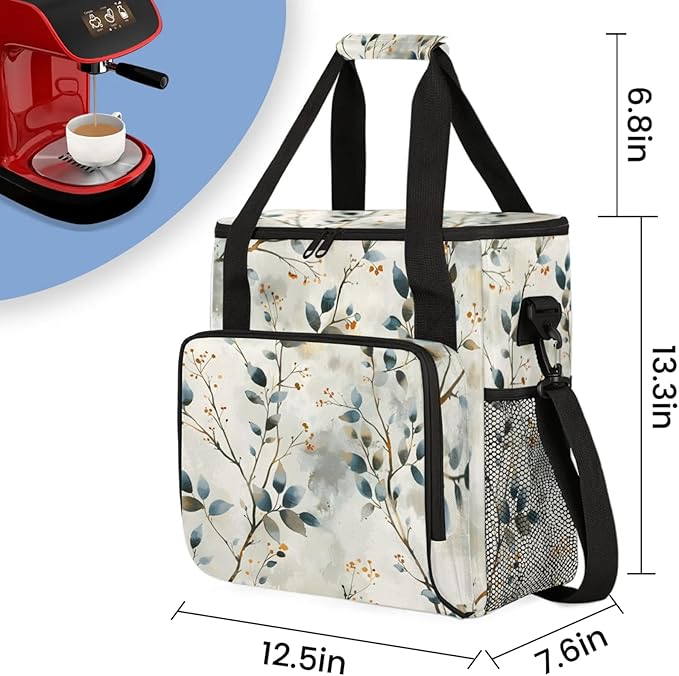 Branch Leaves Coffee Maker Travel Bag for Keurig K-Mini/K-Mini Plus Insulated Waterproof Tote with Pockets for K-Cup Portable Single-Serve Brewer Case
