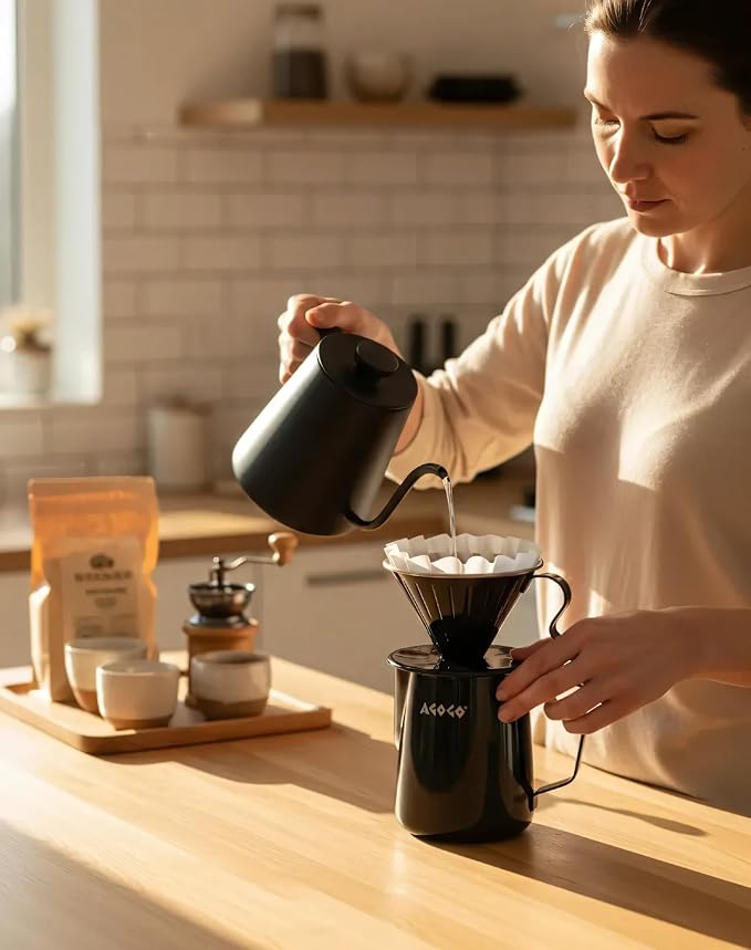 AGOGO Portable Pour Over Coffee Maker V60 Set - Easy Cleaning Compact 304 Stainless Steel Dripper for Camping &amp 50 Filters Paper &amp Barista Towel Black 20oz/600ml