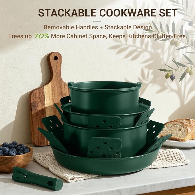 Ammeloo 18-Piece Ceramic Pots and Pans Set Non Stick Non Toxic Cookware Set with Removable Handles Pot Sets for Cooking Induction Ready Dishwasher &amp Oven Safe PFAS PFOA &amp PTFE Free (Hunte