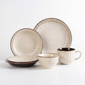 Vintage Ceramic Dinnerware Sets for 4 Farmhouse Style 20-Piece Plates and Mugs Beige Brown Rustic Embossed Stripe Design Dishwasher Microwave Safe