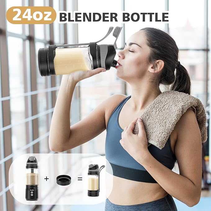 Portable Personal Blender for Smoothies Protein Shakes Frozen Drinks - 24Oz Blender Cup Bottle with Sip Spout Travel Lid USB-C Rechargeable Cordless - Mini Small Blenders for Kitchen Gym Office