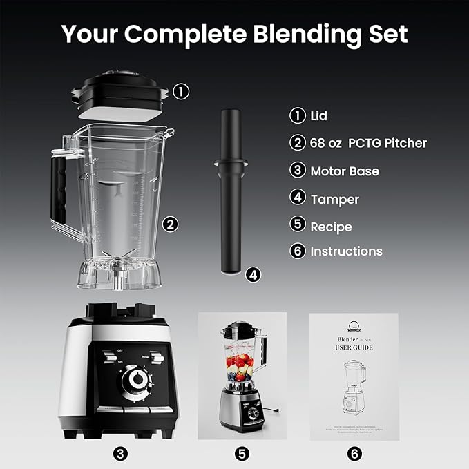 1800 WP Smoothie Blenders for Kitchen 30000 RPM Large Blender for Smoothies Ice Crushing &amp Frozen Fruit Heavy Duty Grinder with 68oz BPA-Free Pitcher Adjustment Speed Knob Silver