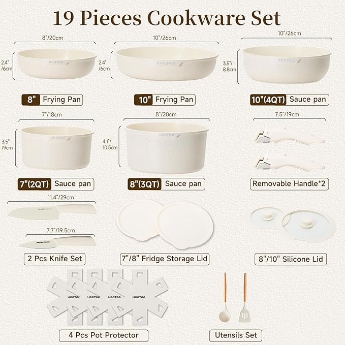 JEETEE Pots and Pans Set Non Stick 19pcs Kitchen Cookware Sets with Detachable Handle Induction Nonstick Cookware Set with Removable Handle Stackable RV Cookware Oven Safe PFOA Free Beige