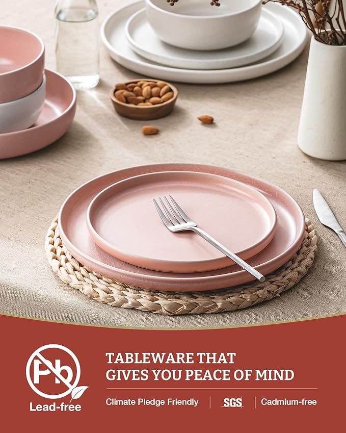 Famiware Milkyway Plates and Bowls Sets 12 Pieces Dinnerware Sets Reactive Glaze Dish Set Stoneware Dishes Set for 4 Matte Beige White &amp Light Pink