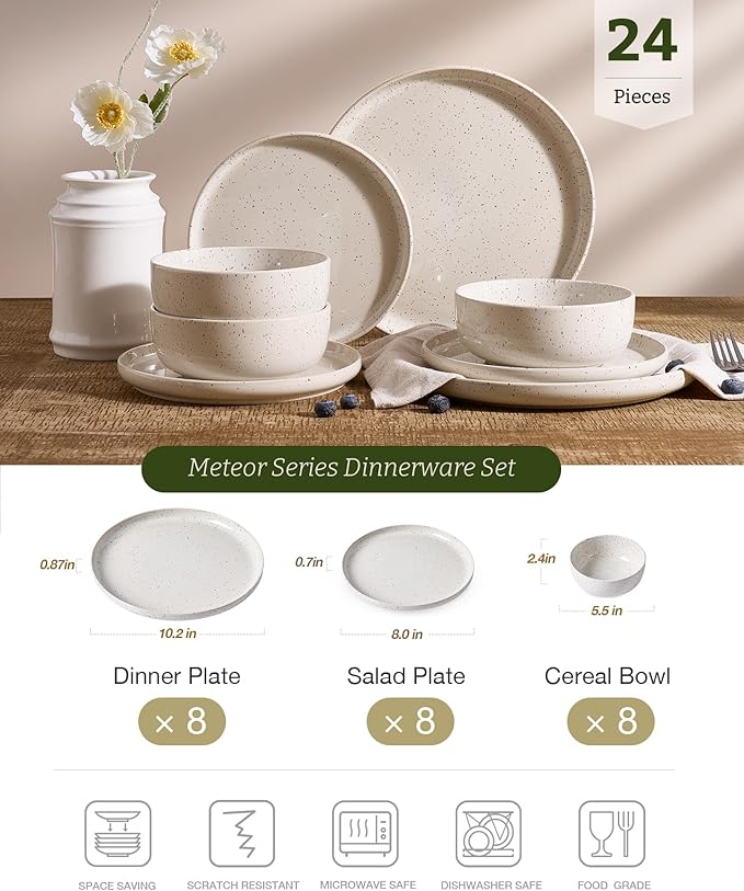 Famiware Meteor Plates and Bowls Sets 24-Piece Stoneware Dinnerware Sets Dishes Set for 8 Microwave and Dishwasher Safe Tableware Creamy White