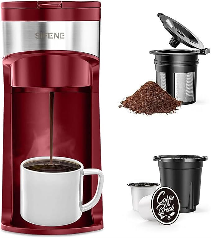 SIFENE Mini Single Serve Coffee Maker 2-in-1 Portable Drip Machine for K-Pods &amp Ground Coffee Fast Brew Auto Shut-Off Easy Clean Max Cup Height 5.5 Compact for Travel Office Dorm Red