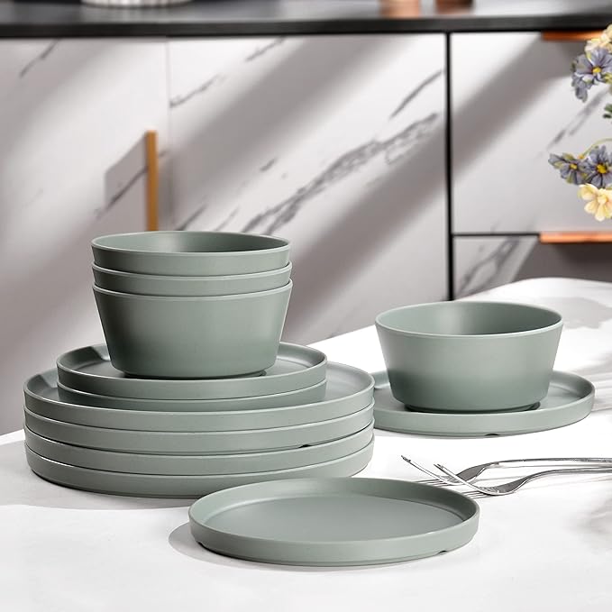 FINE&ampNICE 12Pcs Melamine Dinnerware Sets Plates and Bowls Sets for 4 Unbreakable and Lightweight Dishes Set for Indoor and Outdoor Use BPA Free Dishwasher Safe (Sage Green)