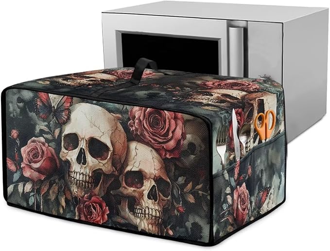 Skull Rose Printed Bread Maker Cover Heavy Duty Toaster Oven Air Fryer Cover for Kitchen Counter Anti Dust Toaster Oven Dust Covers with Accessory Pockets Green