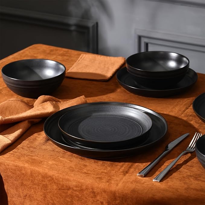 Stone Lain Elio 24-Piece Dinnerware Set Stoneware Plates and Bowls Set Dish Set for 8 Black