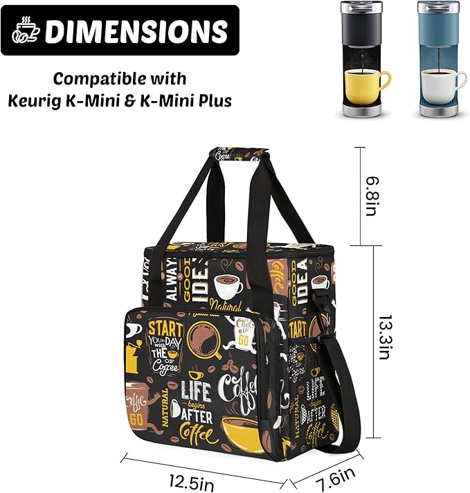 Start Your Day with Coffee Travel Bag Compatible with Keurig K-Mini Single Serve Coffee Brewer Carrying Case Compatible for K-Mini Plus with Multiple Pockets for K-Cup Pods (Bag Only)