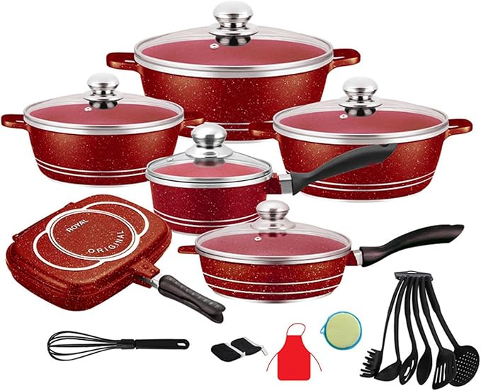 Cookware Seat Set of 18 Pieces Aluminum Marbled Coating Pant and Pits Set with Full Set of Spatulas Compatible with All Heat Sources（Induction Cooker Can Not Be Use） Red
