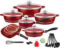 Cookware Seat Set of 18 Pieces Aluminum Marbled Coating Pant and Pits Set with Full Set of Spatulas Compatible with All Heat Sources（Induction Cooker Can Not Be Use） Red