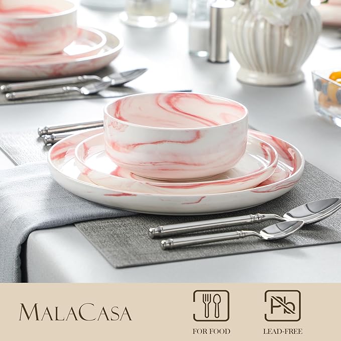MALACASA Plates and Bowls Sets 12 Pieces Porcelain Dinnerware Sets Dishware Sets Chip Resistant Ceramic Dish Set Dining Dinner Ware Service for 4 Marble Pink Series LUNA