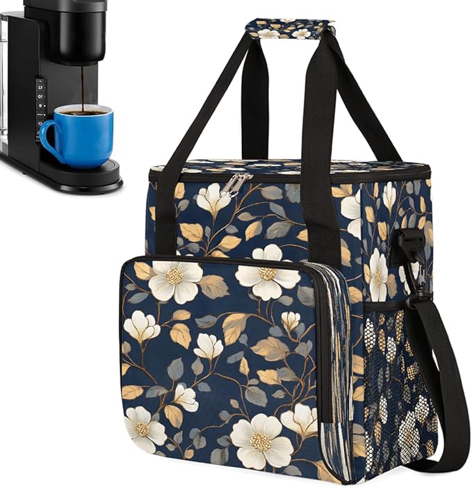 White Flower Leaves Coffee Maker Carring Bag Travel Carrying Storage Tote Bag Compatible with Keurig K-Mini or K-Mini Plus Portable Single Serve Coffee Brewer Case with Pockets for K-cup Pods