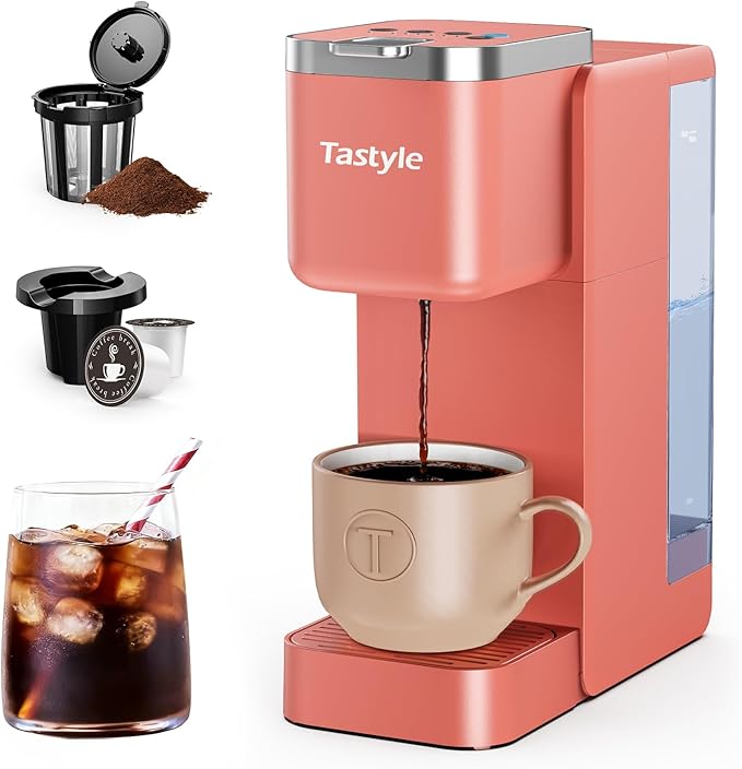 Single Serve Coffee Maker Iced and Hot Coffee Machine for K Cup &amp Grounds Compact Design 40oz Removable Water Reservoir 6 to 24 Oz Brew Sizes Fits 7.3 Travel Mug Salmon