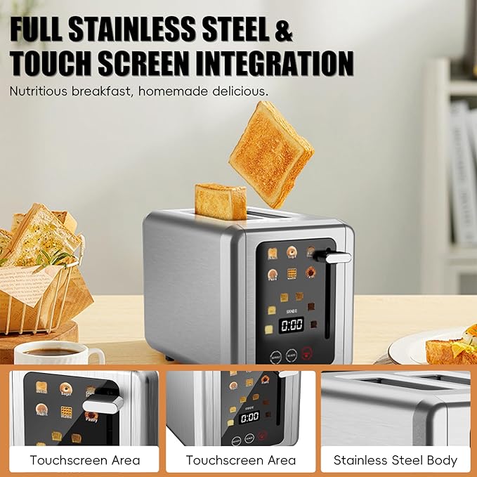 2 Slice ToasterTouchscreen &amp Dual Independent Control Panel5 Basic Functions &amp Digital Countdown Toasters6 Shade Settings＆6 Bread TypesSmart Bread Maker Mute/Screen-OffTitanium