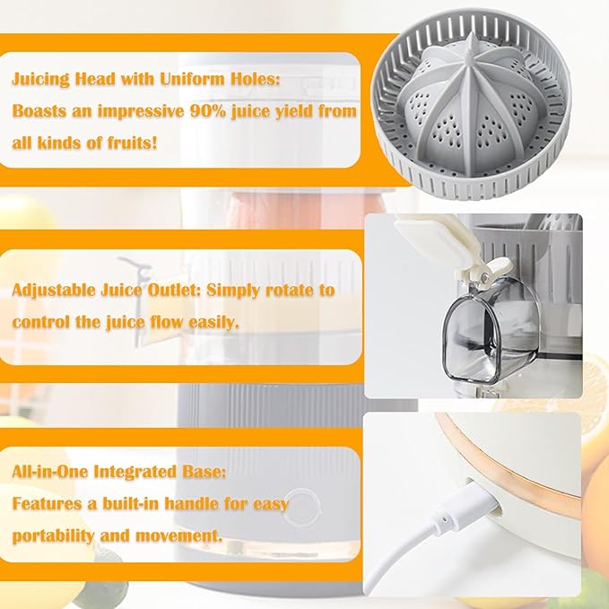Portable Juicer Blender Electric Fruit Juicer with 4.3in Wide Mouth 90% High Juice Yield Electric Fruit Juicers600ml Rechargeable for Travel &amp Office(White)