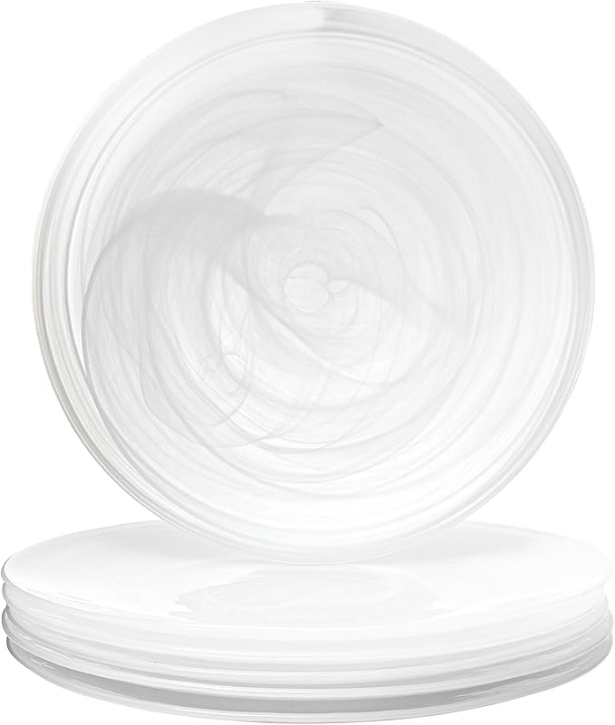 Vikko Dinner Plates Set of 6 White Alabaster Plates 11 Plate with Marbelized Swirl Design Elegant Glass Plate Dishwasher Safe