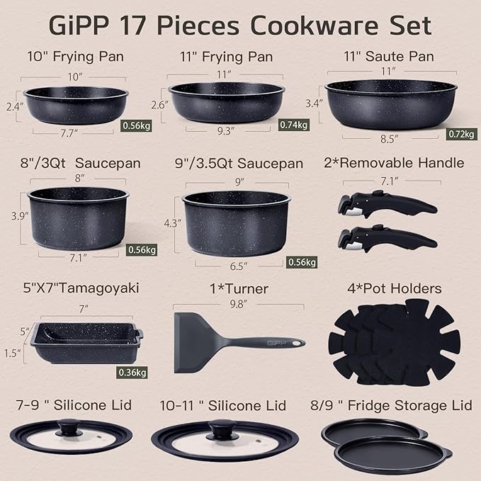 GiPP Ceramic Pots and Pans Set Non Stick Nonstick Detachable Handle Cookware Sets Healthy Non Toxic PFAS PFOA &amp PTFE Free Dishwasher ＆Oven Safe Induction Kitchen Pot and Pan 17 Piece Gray