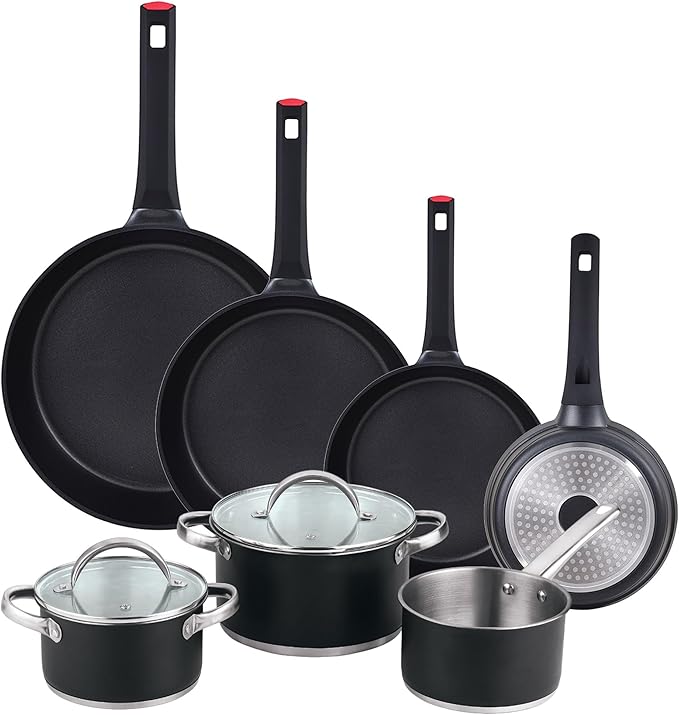 5pc Ø16Ø20Ø24 Cookware Set with Lids + Set of Frying Pans Ø20Ø24Ø28Ø30 Cast Aluminium San Ignacio
