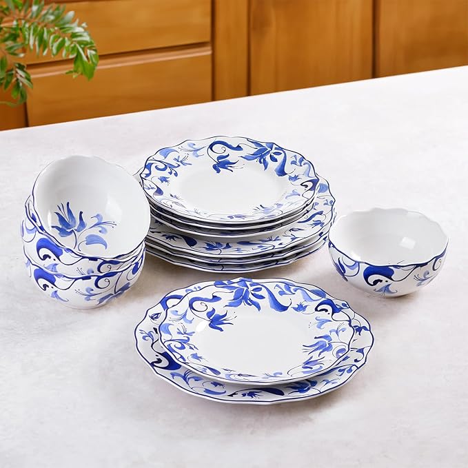 222 Fifth 12-Piece Porcelain Dinnerware Set for 4 Blue &amp White Plates and Bowls Set Glossy Ceramic Dish Set with Beautiful Floral Rims Elegant Kitchen Dishes Microwave &amp Dishwasher Safe A
