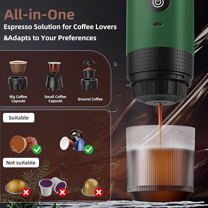 Portable Coffee Maker for Travel &amp Camping Portable Espresso Maker with Bag Rechargeable Cordless Battery Operated Coffee Makers for Ground Coffee NS Capsule RV Hiking Office(Green)