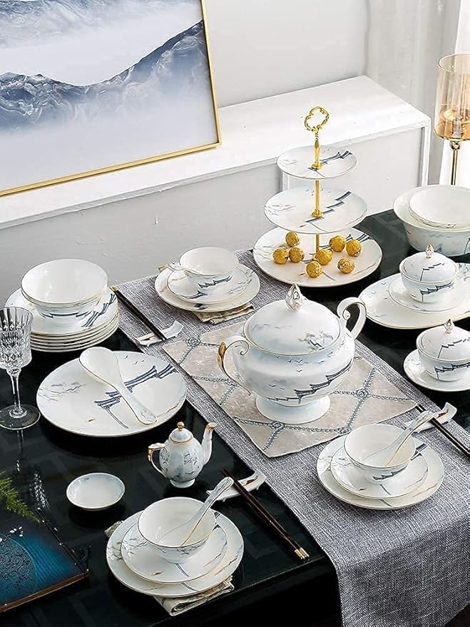 Dinnerware Set Dinner Party Tableware Service Set 11/28/50 PCS Chinese Style Dinnerware Set Bone China High-Value Tableware Bowl and Plate Set Home Gift Service (One Color 50pcs)