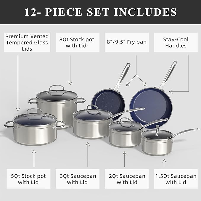 Nuwave Healthy Duralon Blue Ceramic Nonstick Cookware Set Diamond Infused Scratch-Resistant PFAS Free Dishwasher &amp Oven Safe Induction Ready &amp Evenly Heats Tempered Glass Lids &amp Stay-
