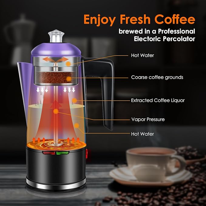 HOMOKUS Electric Coffee Percolator 12 CUPS Percolator Coffee Pot Stainless Steel Percolator Coffee Maker with Clear Knob Cool-touch Handle Auto Keep Warm Function (Purple)