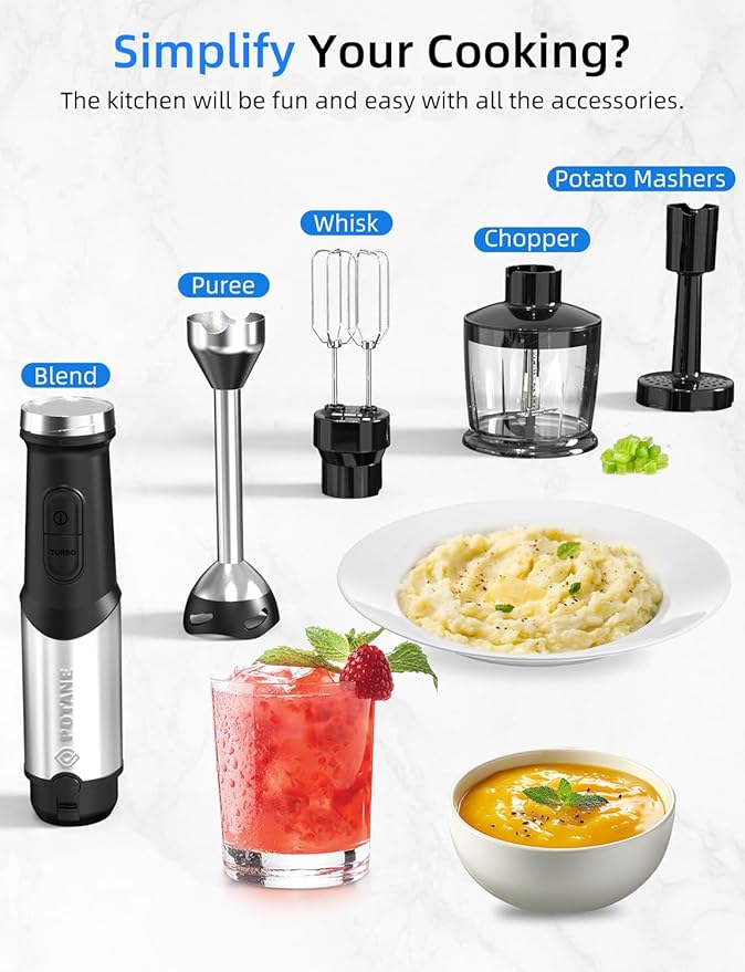 Immersion Blender Heavy Duty Copper Motor Stainless Steel Smart Stick with Egg Beaters Potato Masher Chopper/Food Processor