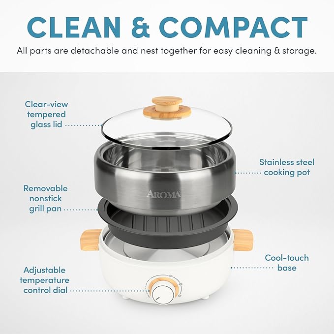 Aroma Housewares AMC-130 Whatever Pot Indoor Grill Cooking Hot Pot with Glass Lid Bamboo Handles 2.5L Stainless Steel/White