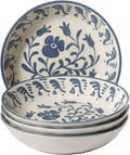 Bloomhouse - 2-Time Oprah’s Favorite Things - Valencia Flor 4 Piece Dinner Bowl Set 8” Stoneware Pasta Bowls Mediterranean Floral Decal Design Microwave &amp Dishwasher Safe Iris Blue