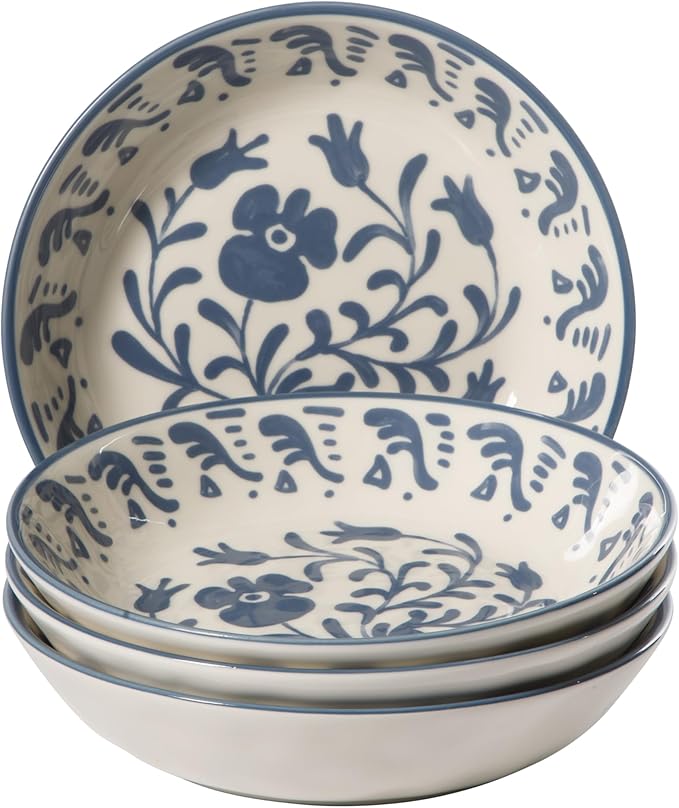 Bloomhouse - 2-Time Oprah’s Favorite Things - Valencia Flor 4 Piece Dinner Bowl Set 8” Stoneware Pasta Bowls Mediterranean Floral Decal Design Microwave &amp Dishwasher Safe Iris Blue