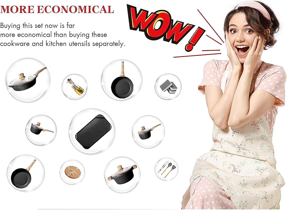 20 Pcs Pots and Pans Set Kitchen Nonstick Cookware Sets Granite Frying Pans for Cooking Marble Stone Kitchen Essentials Dishwasher SafeCompatible with All Stovetops (Granite-Black)