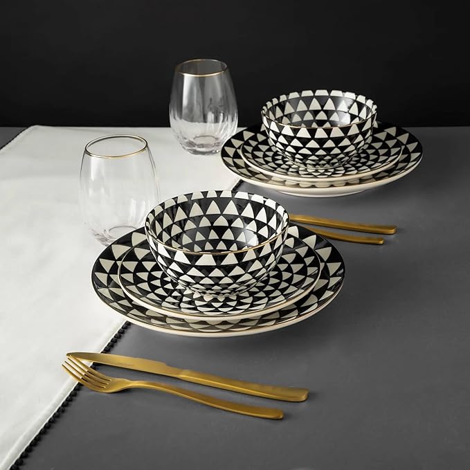 12-Piece Ceramic Dinnerware Set for 4 Plates and Bowls Microwave and Dishwasher Safe (Black and White)