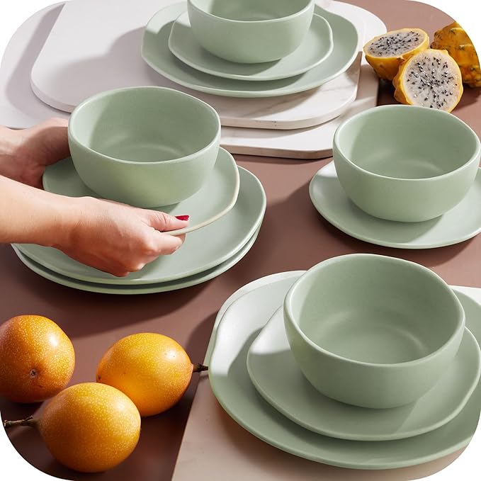 Corona Olivo ceramic dinnerware Set 12–piece Plates and Bowls Sets for 4 organic shape light green.