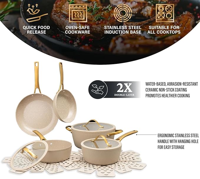 12 Pc Ceramic Cookware Set Nonstick Pots Pans and Fry Pans – Ceramic Non-Stick Ribbed Cookware Set Ergonomic Stay Cool Handles 446°F Oven Safe Dishwasher Safe (Taupe)