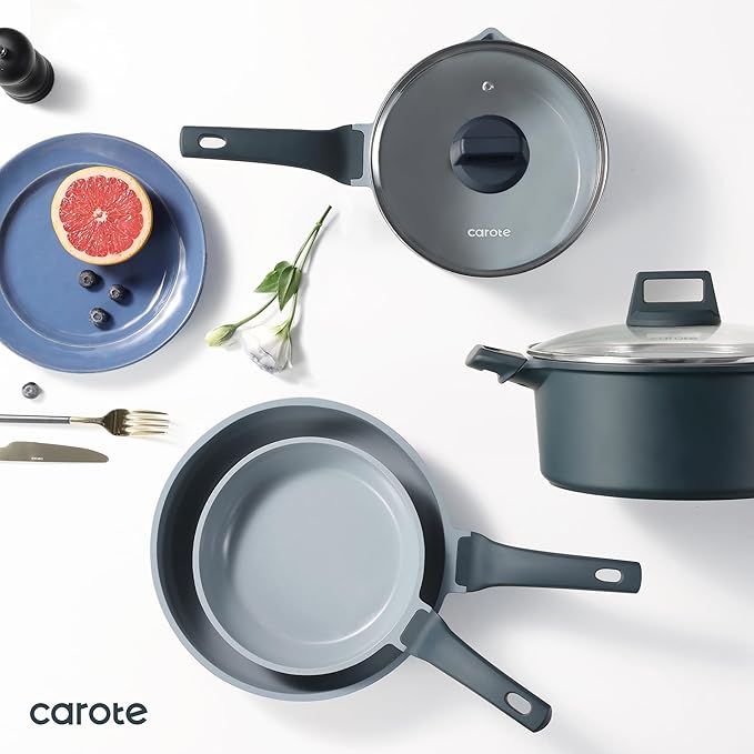 CAROTE 14 Pcs Ceramic Cookware Set Pots and Pans Set Non Stick with Ceramic Coating Induction Kitchen Sets