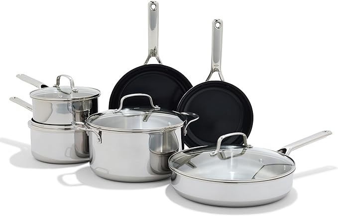 OXO 13 Piece Stainless Steel Cookware Set Tri-Ply Multiclad Pots &amp Pans PFAS-Free Ceramic Nonstick Coated Frying Pans Induction Compatible Dishwasher &amp Oven Safe Sauce Stock Saute Silv
