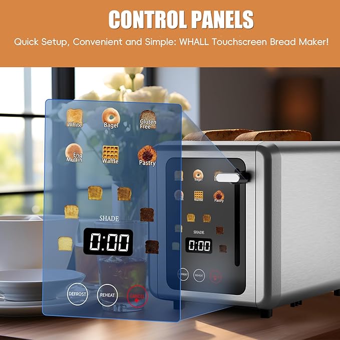 Touch screen Toasters 2 slice Stainless Steel Digital Timer Toaster with Sound Function 6 Bread Types &amp 6 Shade Settings Smart Extra Wide Slots Toaster with Bagel Defrost FunctionsPlatinum