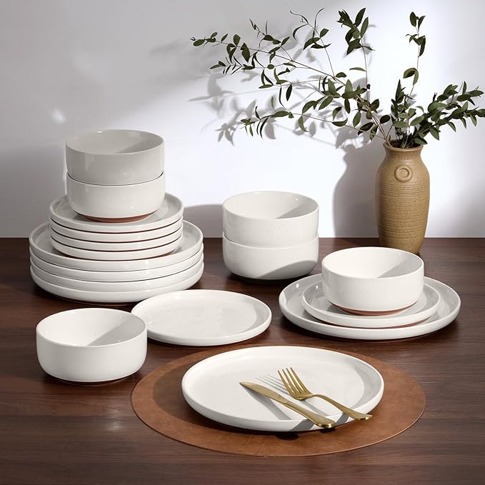 E-far 18-Piece Stoneware Dinnerware Sets Plates and Bowls Sets for 6 Ceramic Dishware Dishes Set with Terracotta Base Chip &amp Scratch Resistant Microwave &amp Dishwasher Safe Speckled White