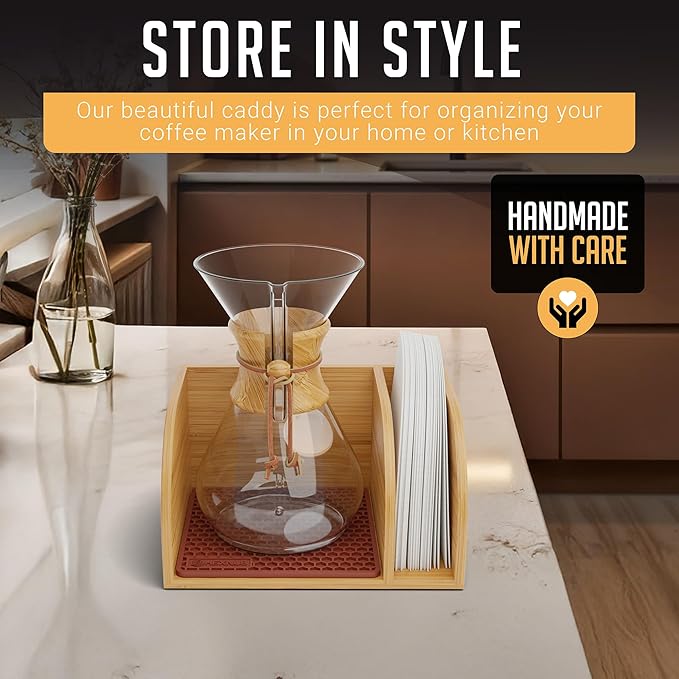 HEXNUB Bamboo Caddy for Pour Over Coffee Maker Fits Chemex Bodum Cosori Heatproof Mat Filter Holder
