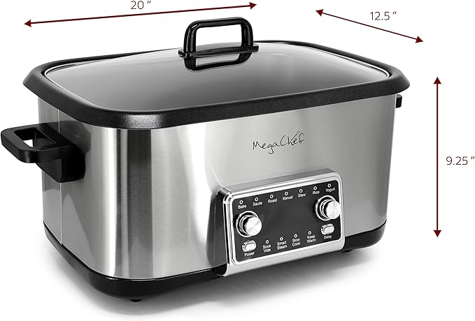MegaChef Deluxe 8 Quart 12-in-1 Programmable Multi Cooker with Sous Vide and Multi-Functions Digital Display Adjustable Temperature &amp Time Removable Pot Tempered Glass Lid
