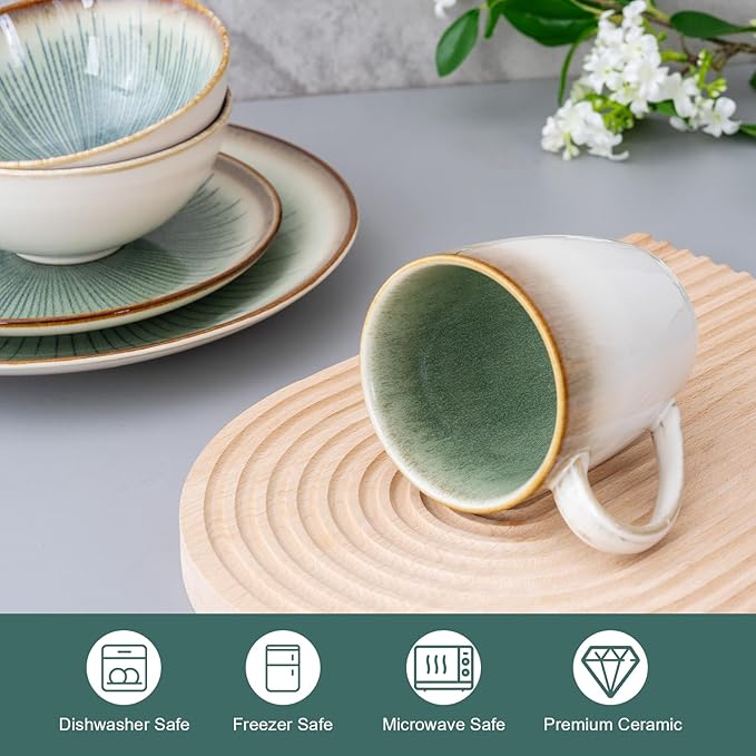 Dinnerware Set Green Stoneware 16 Pieces Service for 4 Stoneware Plates and Bowls Set Highly Chip Dishwasher Microwave Safe Dishes set