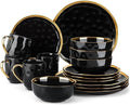 LOVECASA 16 Pieces Plates and Bowls Sets Porcelain Black and Gold Dinnerware Sets Round Dinner Plates Dishes Set Service for 4 Dishwasher Safe and Scratch Resistant Black