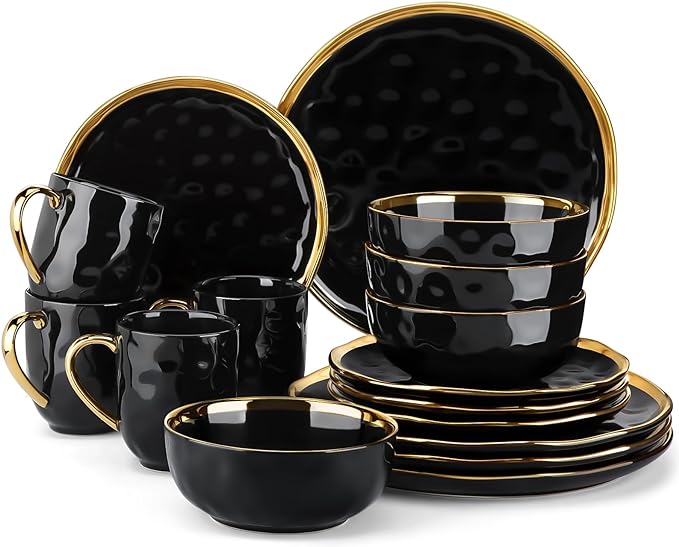 LOVECASA 16 Pieces Plates and Bowls Sets Porcelain Black and Gold Dinnerware Sets Round Dinner Plates Dishes Set Service for 4 Dishwasher Safe and Scratch Resistant Black